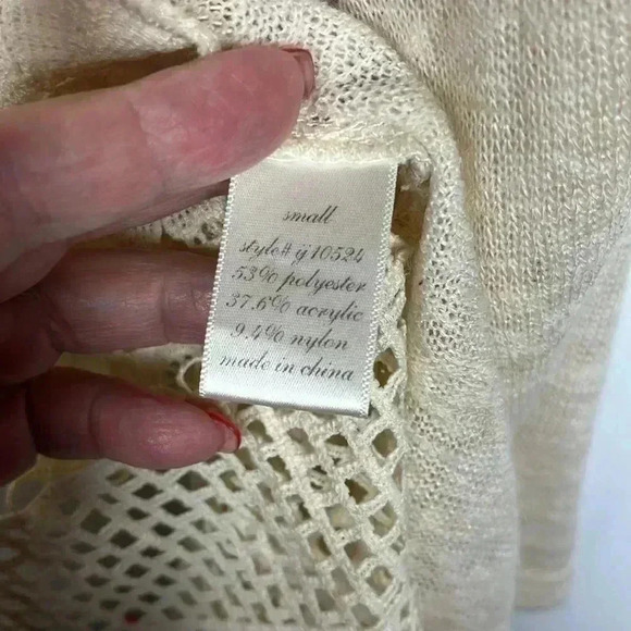 Womens Cardigan Cream S Waterfall Open Front Bell Sleeves 14” Lace Border EUC - Picture 7 of 12